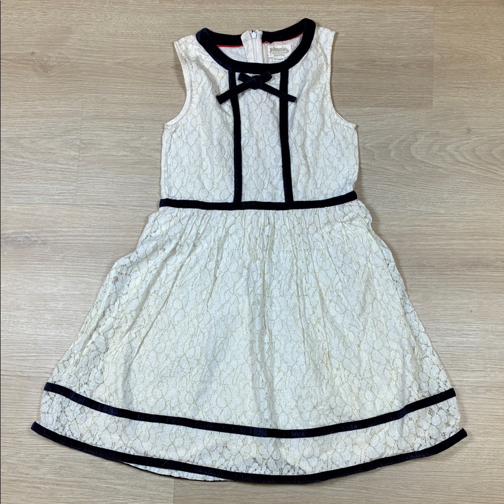 Johnnie B Quality Goods Navy Velvet Trim Ivory Cream Lace Sleeveless Dress 11/12
